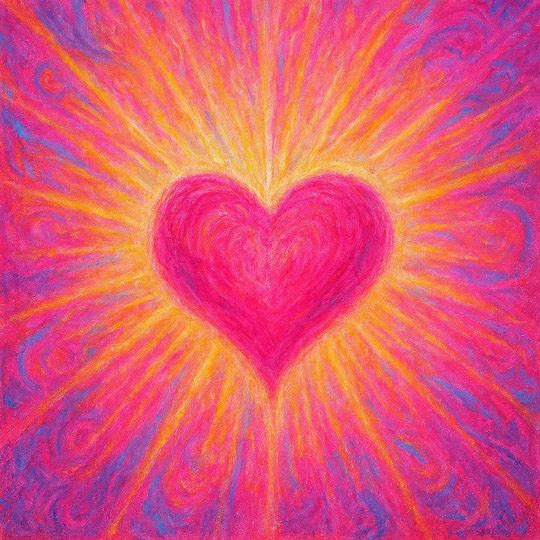 dibujo espiritual de un corazón con mucha luz colores vibrantes claros que haya color rosa