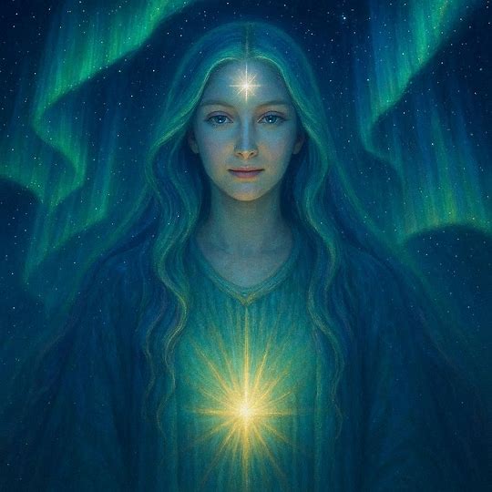 IMAGEN ESPIRITUAL DE MAESTRA AURORA DAMA DE LAS ESTRELLAS , Y CON RAYOS BOREALES