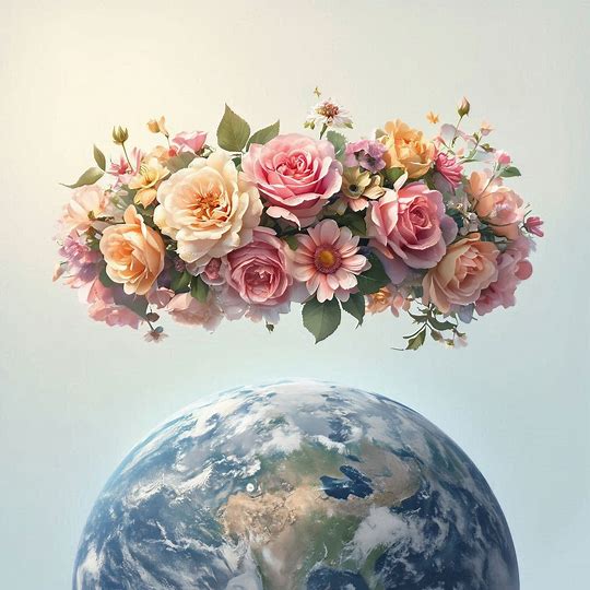 CORONA DE FLORES EN HORIZANTAL Y DEBAJO DE LA CORONA DE FLORES EL PLANETA TIERRA, EL FONDO EN UN COLOR CLARO