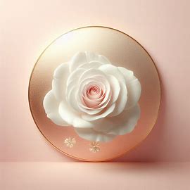 una rosa blanca, que solo se vea el capullo hacia el frente y dentro de un circulo dorado, sobre un fondo de color rosa clarito y suave . Imagen 1 de 4