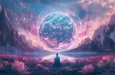 Earth with Lotus Flower and Energy Waves in Space Stock Illustration